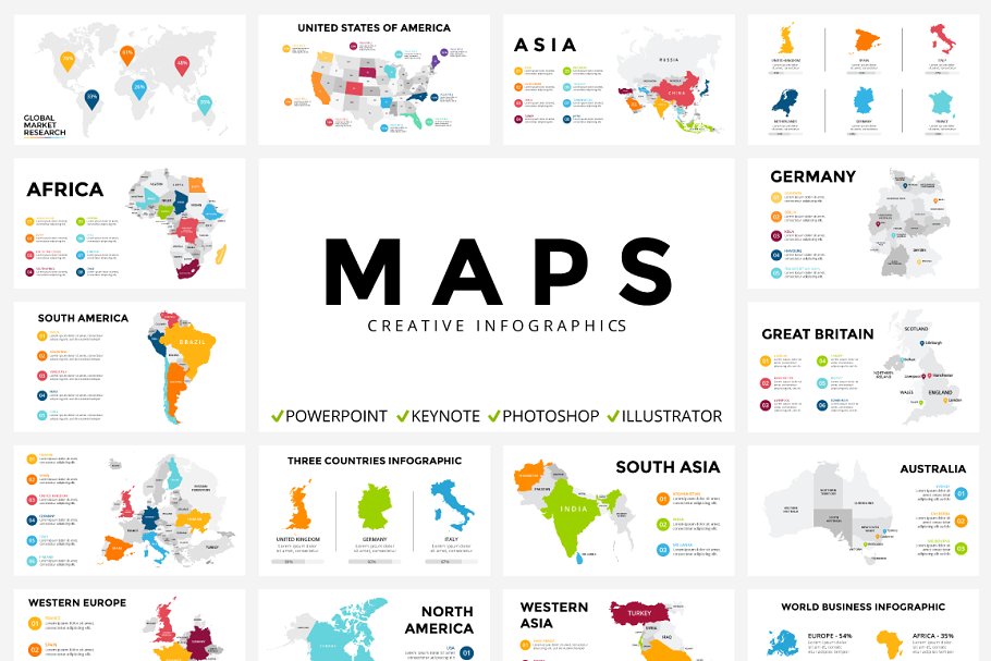 可编辑世界地图各国地图PPT信息图表素材合集(2色x48张)
