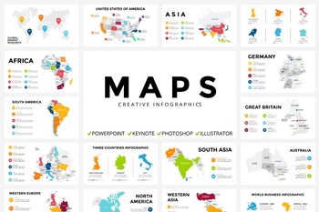 可编辑世界地图各国地图PPT信息图表素材合集(2色x48张)
