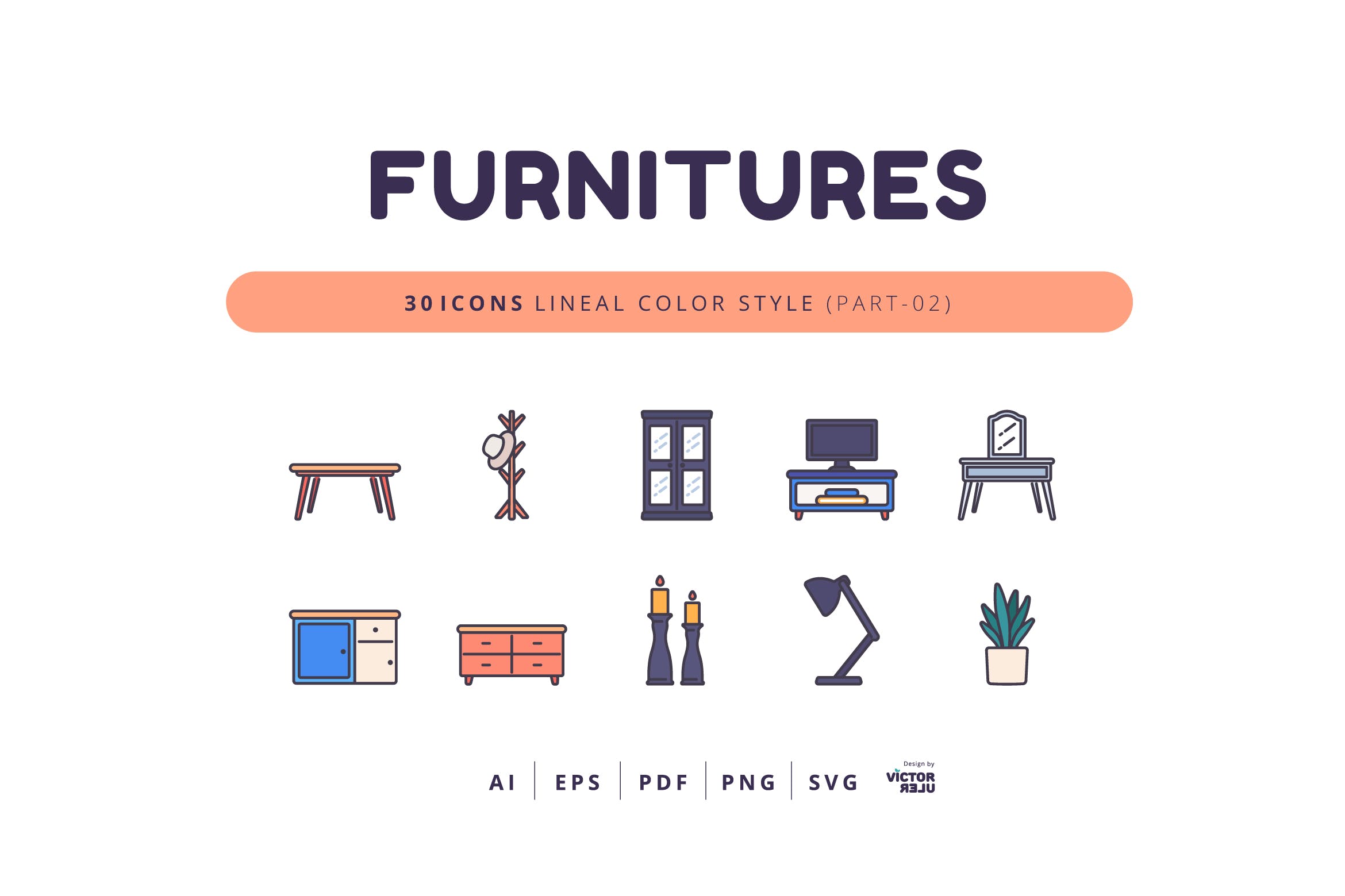 30枚线条彩色风格SVG家具图标素材（ppt可编辑）(图2)