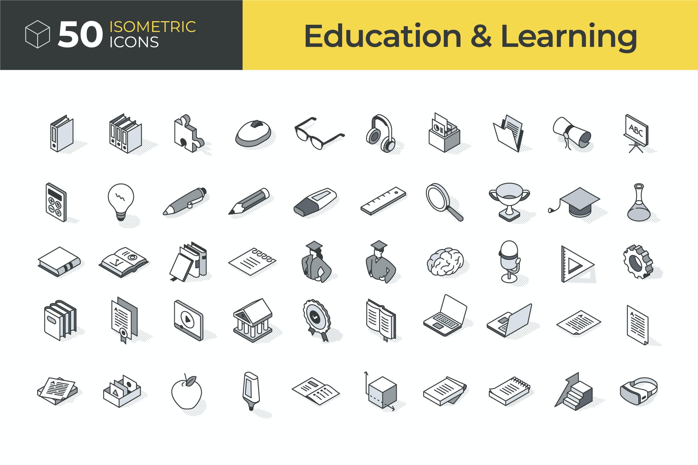 SVG矢量可编辑50个教育与学习主题等距图标免费下载