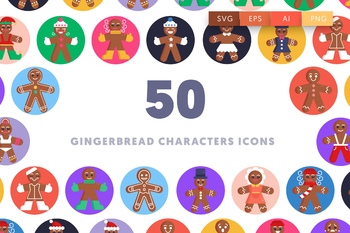 矢量可编辑50枚姜饼人主题圆形彩色图标素材免费下载