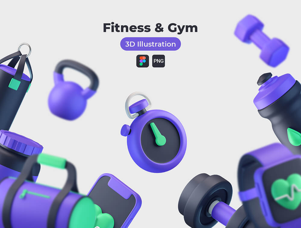 可编辑健身和健身房3D图标素材免费下载