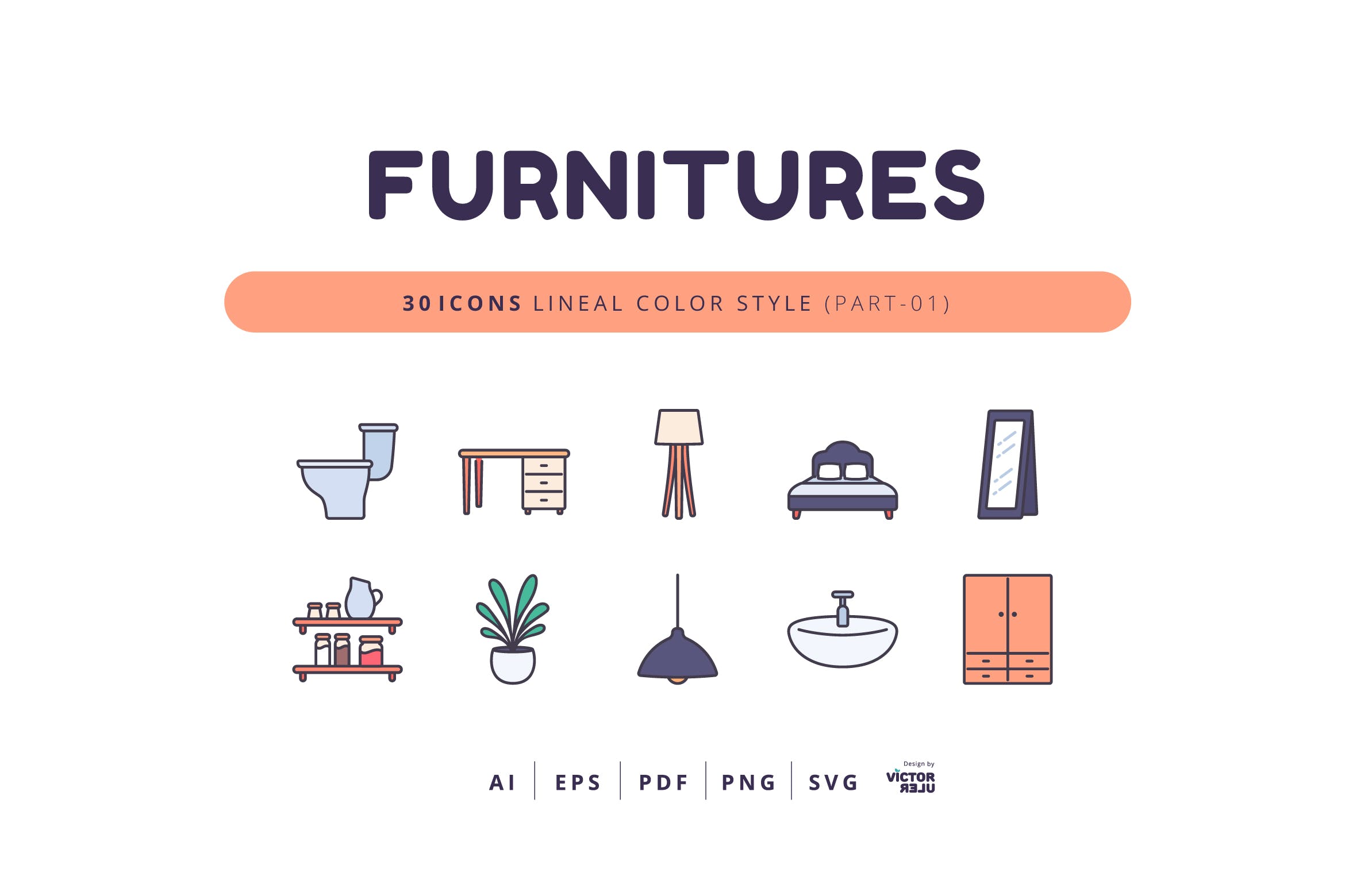 可编辑矢量30枚线条彩色风格家具图标素材免费下载