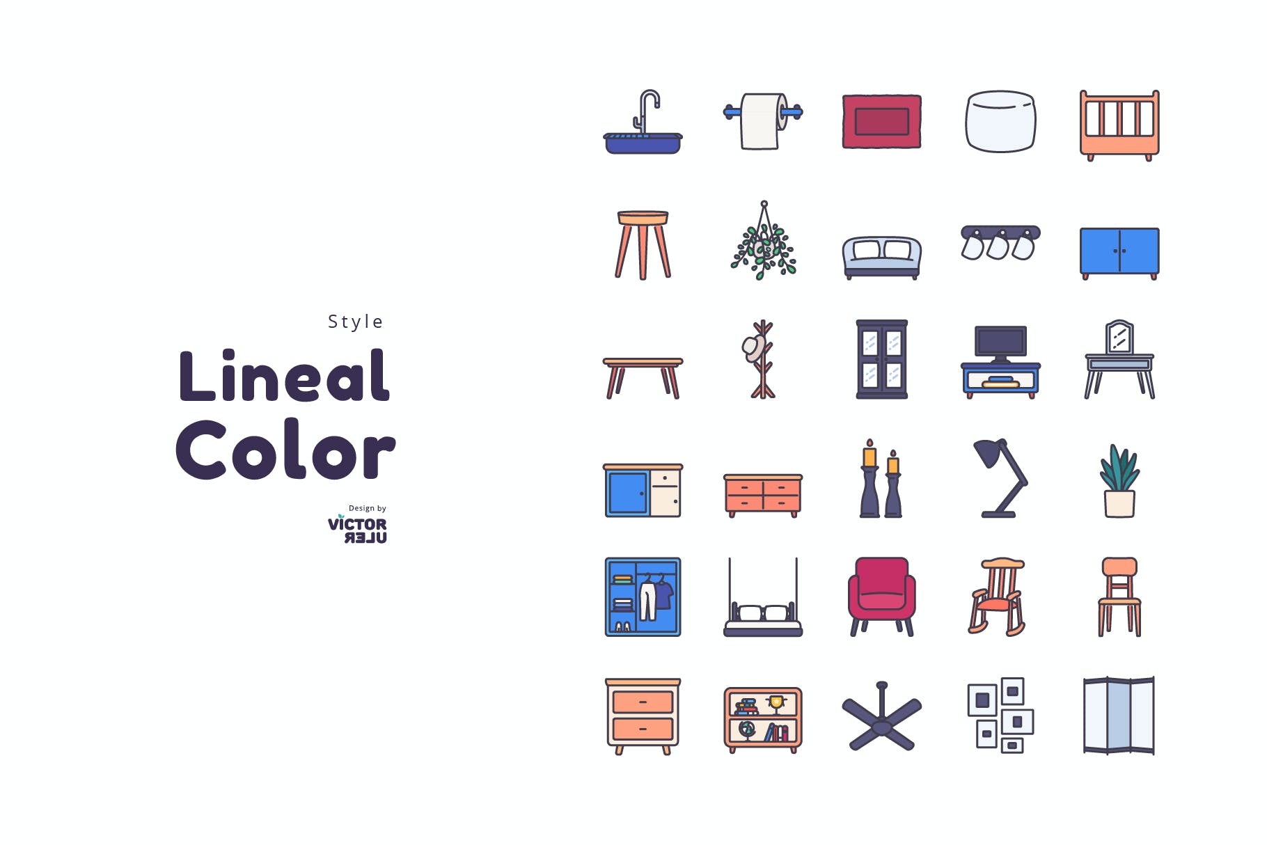 矢量可编辑30枚线条彩色风格家具图标素材免费下载(图1)