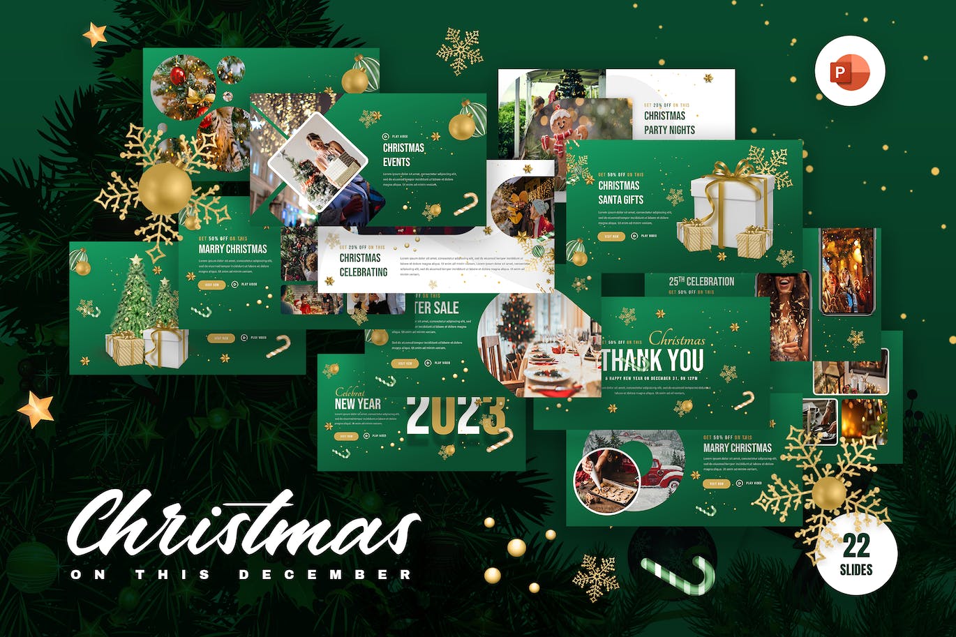 绿色圣诞主题活动商业PPT模板免费下载